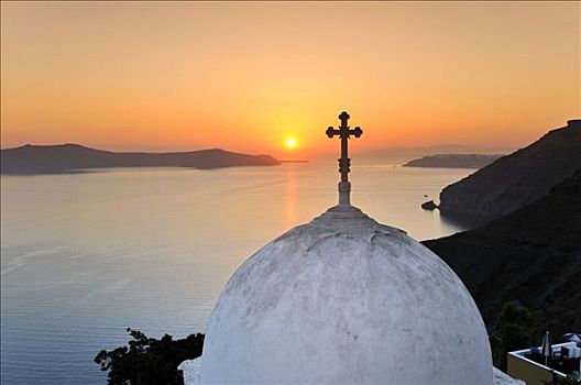 圆顶,教堂,十字架,正面,海洋,日落,锡拉岛,基克拉迪群岛,希腊,欧洲