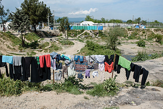 洗衣服,弄干,围栏,难民,露营,希腊,边远地区,马其顿,四月