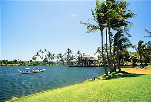 夏威夷,考艾岛,考艾礁湖,高尔夫球场,船,水系