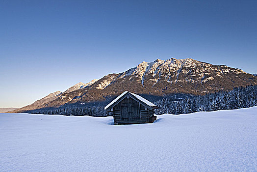 小屋,正面,冬季风景,靠近,米滕瓦尔德,巴伐利亚,德国