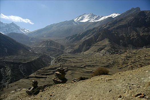风景,山谷,山村,梯田,安娜普纳地区,尼泊尔