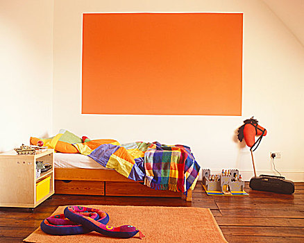涂绘,抽象,鲜明,橙色,床边,地毯,舒适,气氛,童房