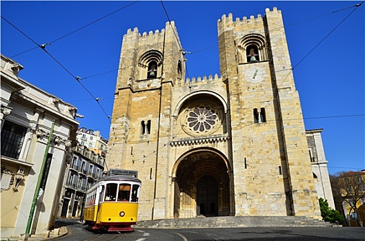 大教堂,黄色,有轨电车,里斯本,葡萄牙