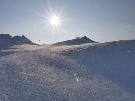 冬季拍摄风吹雪,有光芒的太阳