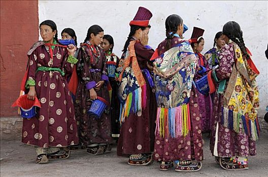 拉达克地区,女人,穿,传统服装,天鹅绒,头饰,北印度,喜马拉雅山,亚洲