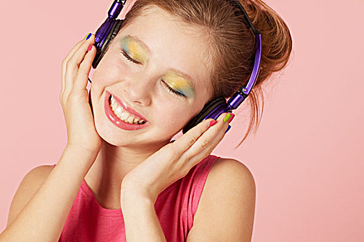 女孩,彩色,化妆,耳机