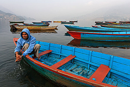彩色,船,费瓦湖,湖,波卡拉,尼泊尔,亚洲