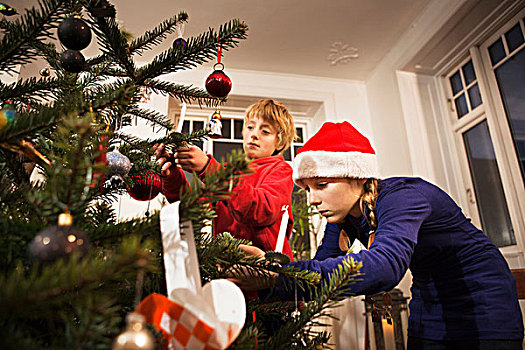 孩子,装饰,圣诞树