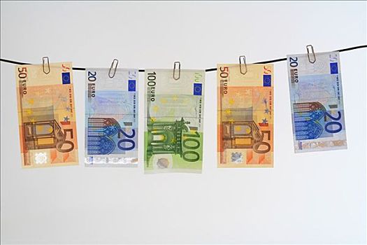 欧元钞票,晾衣绳