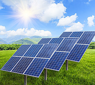 太阳能电池板,光伏,蓝色天空,草坪,树,绿色能源