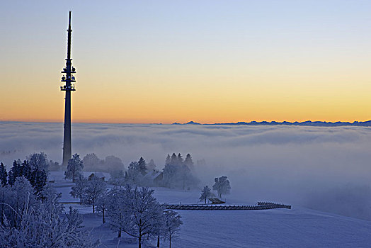 德国,巴伐利亚,上巴伐利亚,区域,冬季风景,无线电,广播,发射器,电视塔