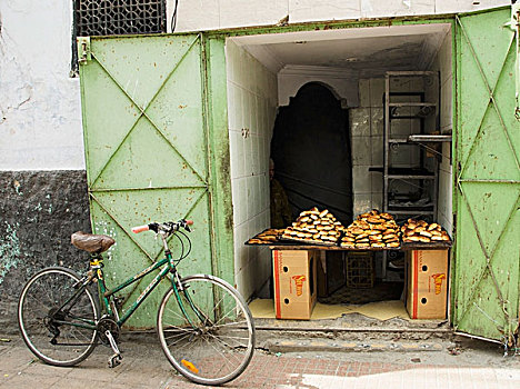 摩洛哥,卡萨布兰卡,老,麦地那,面包,出售,店,自行车,户外