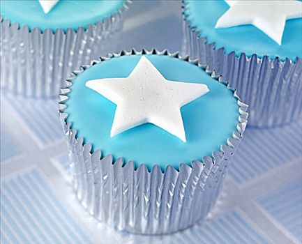 杯形蛋糕,蓝色,糖衣,星