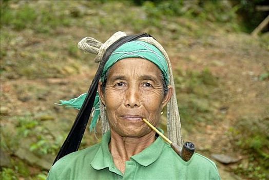 女人,肖像,老挝,部落,烟,乡村,禁止,省,东南亚