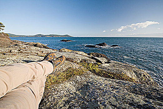 远足者,腿,放松,岩石上,东方,公园,靠近,维多利亚,温哥华岛,不列颠哥伦比亚省,加拿大