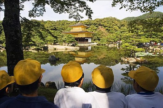 金阁寺,庙宇,学童,黄色,帽子