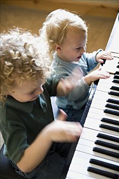 两个,玩耍,孩子,钢琴