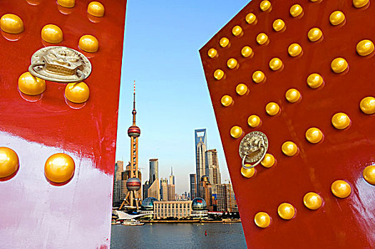 红色,中国,门,打开,背景,上海,天际线