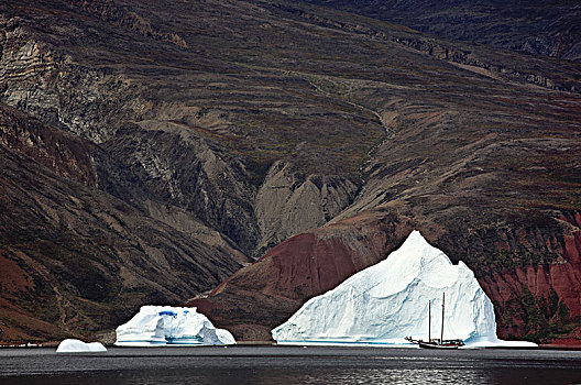 格陵兰,东方,冰山,沿岸,风景,帆船