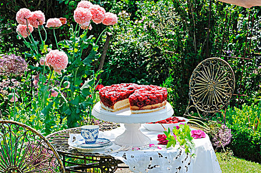 树莓蛋糕,点心架,夏天,花园