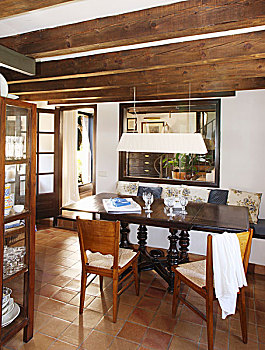 传统,西班牙,桌子,木椅,餐厅,天花板
