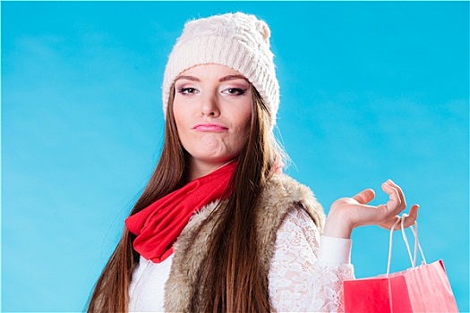 冬天,女人,红色,纸,购物袋