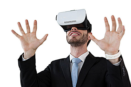 商务人士,虚拟现实,玻璃,手势,白色背景,站立