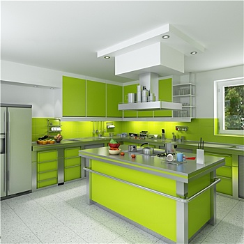 现代,绿色,厨房