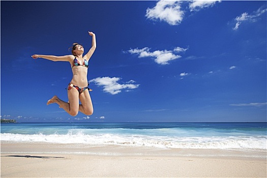 女人,跳跃,海滩