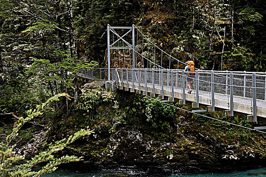 女人,穿过,步行桥,新西兰