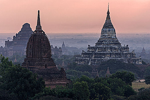 风景,塔,庙宇,地点,右边,逆光,日出,晨光,蒲甘,曼德勒,区域,缅甸,亚洲