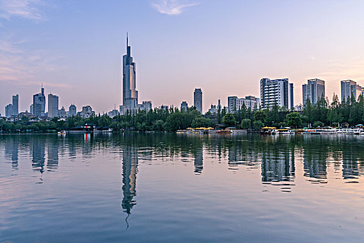 城市,夜景,湖泊,倒影