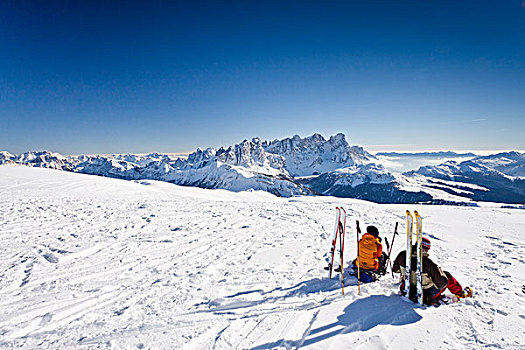 越野,滑雪者,顶峰,山,高处,看,多,特兰迪诺,白云岩,意大利,欧洲