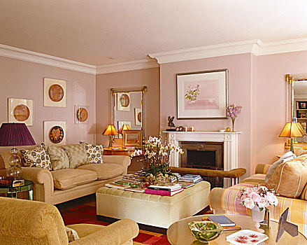 时尚,现代,客厅,设计,女性,苍白,淡紫色,墙壁,完美,背景,自然,软垫,家具