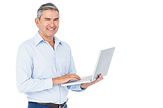 微笑,商务人士,打字,笔记本电脑,白色背景,背景