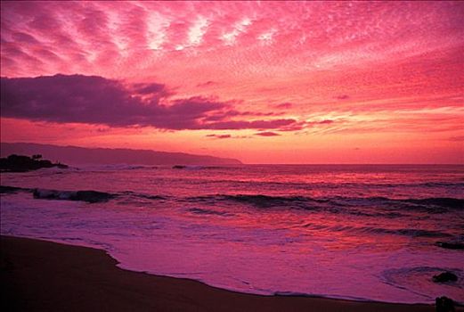 夏威夷,瓦胡岛,北岸,威美亚湾,日落,粉色,天空