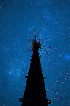 宝鸡秦岭太白山上一个电线塔的仰望银河星空