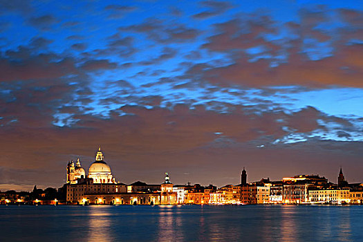 威尼斯,天际线,夜晚,圣马利亚,行礼,教堂,意大利