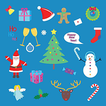 新年快乐,圣诞快乐,圣诞树,雪人,礼物,圣诞老人,鹿,糖果,棍,对话气泡框,天使,卡通,风格,滑稽,插画,80多岁,90多岁,矢量
