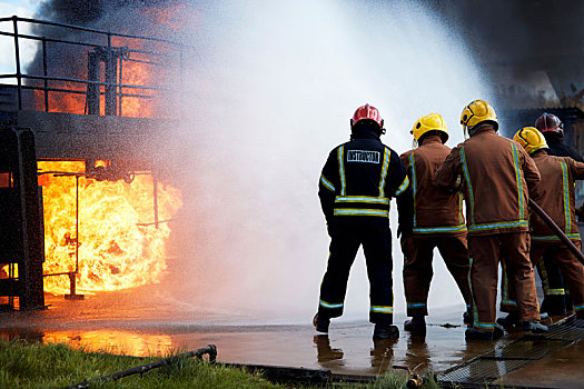 消防员,培训,放,室外,火,燃烧,建筑,英国