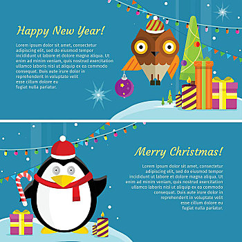 寒假,概念,矢量,旗帜,风格,有趣,企鹅,圣诞帽,猫头鹰,背景,蜡烛,花环,礼盒,星,贺卡,网页,设计