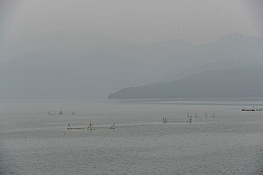 远山,网箱,船,风景,水,反光