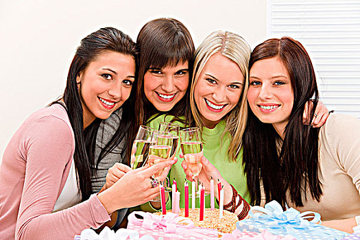生日派对,高兴,女人,干杯,香槟,礼物,蛋糕