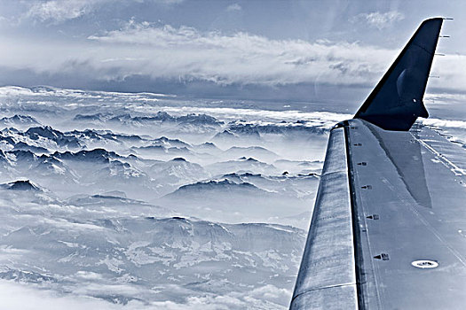 飞机,上方,积雪,山峦
