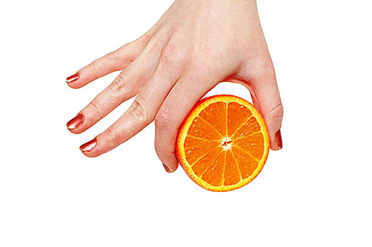 握着,一半,切削,橙子,隔绝,白色背景