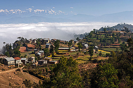风景,乡村,房子,梯田,山,喜马拉雅山,雾,山谷,靠近,尼泊尔,亚洲