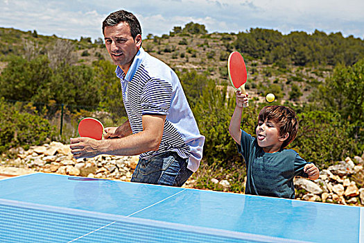 父子,玩,乒乓球