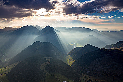山,太阳光线,后面,风景,奥地利,欧洲