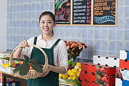 年轻,漂亮,中国人,女人,水果,商店