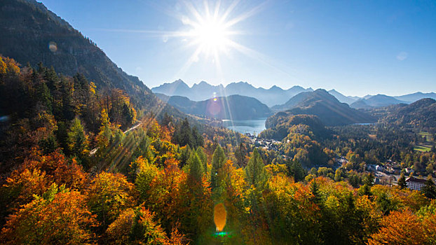 德國巴伐利亞施旺高鎮新天鵝堡環繞的高山夕照